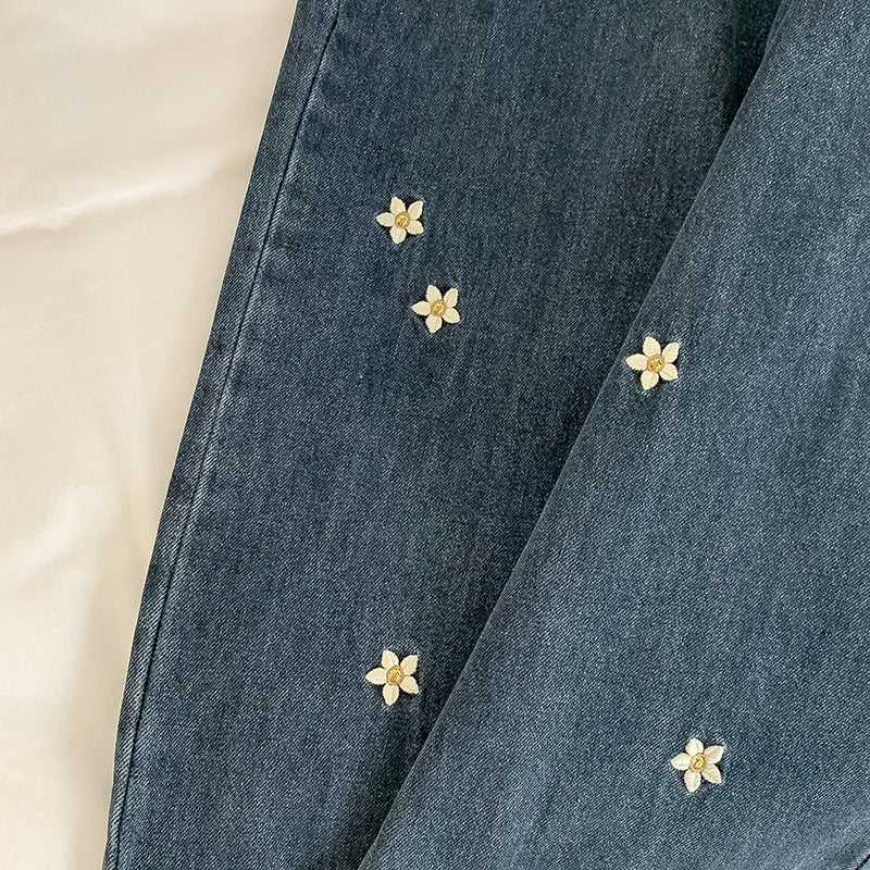 Raining Daisies Embroidered Jeans (Dark Denim)