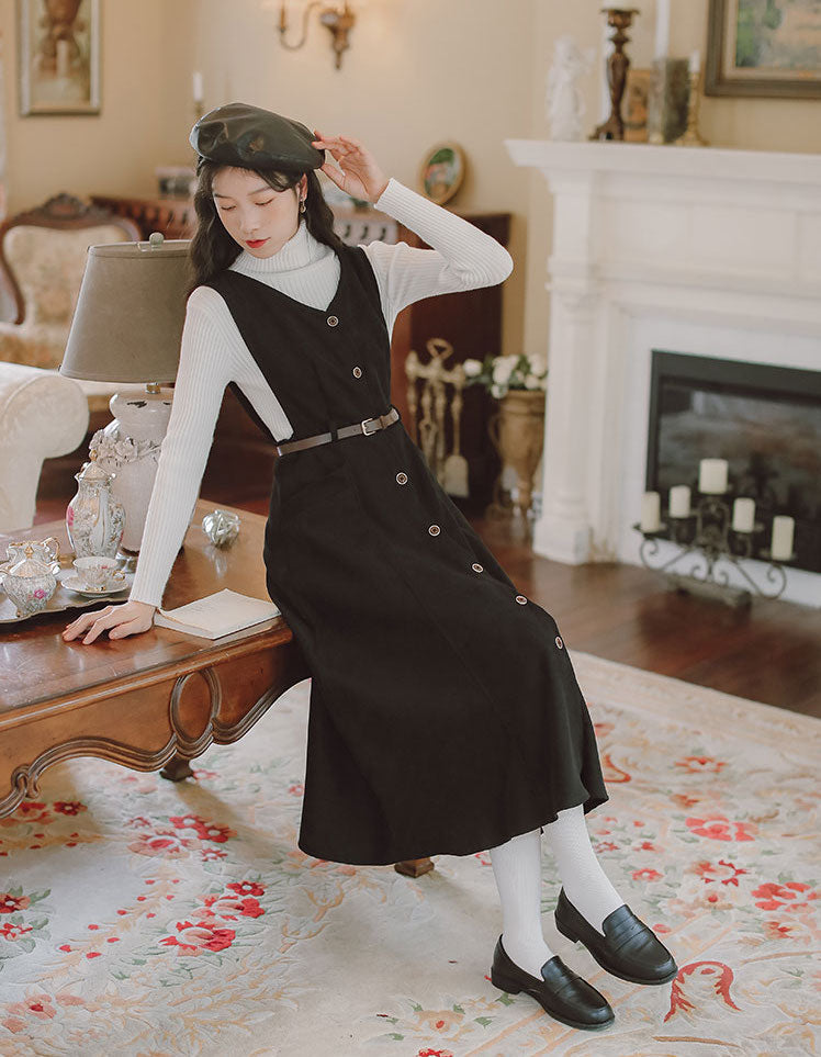 Button Up Suede Pinafore Dress (4 Colors)