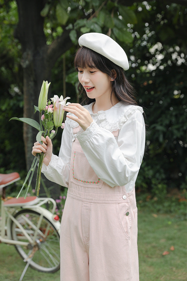 Daisy Chain Embroidered Denim Overalls (Pink)