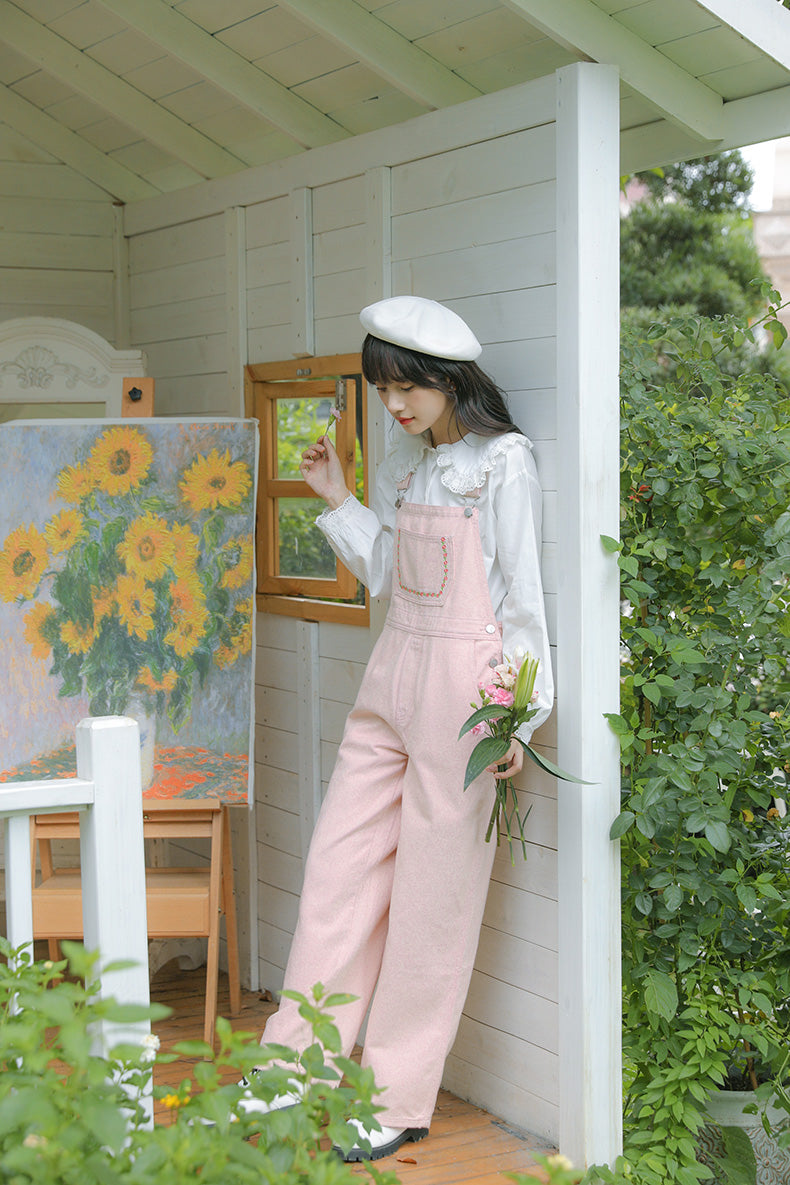 Daisy Chain Embroidered Denim Overalls (Pink)