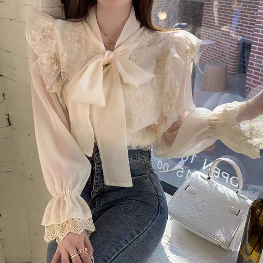 Ruffle Lace Tie Neck Blouse (Cream)