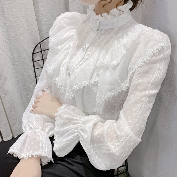 Ruffle Lace High Neck Button Up Shirt (2 Colors)
