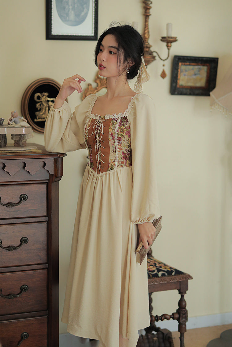 Rustic Rose Lace Up Corset Midi Dress (Pink/Cream)