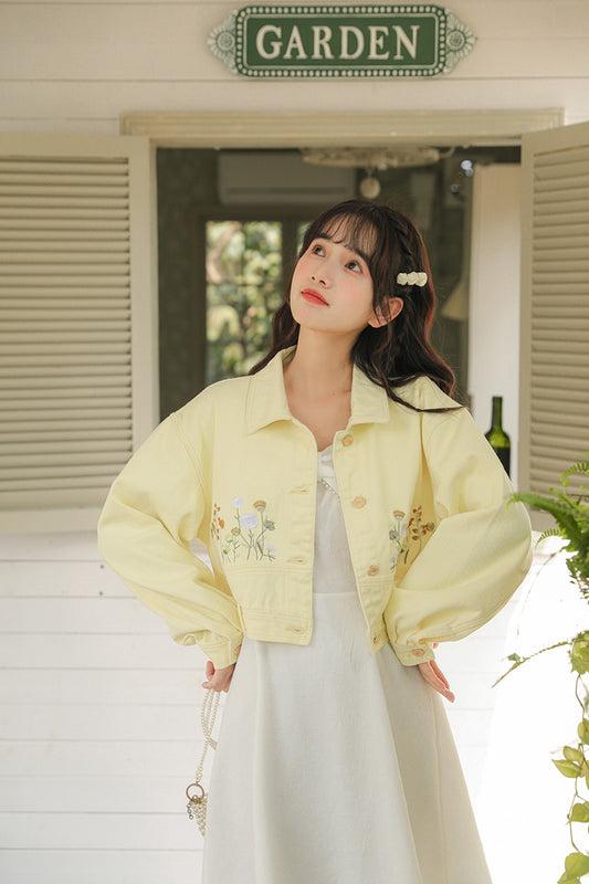 Wildflower Embroidered Cropped Jacket (Yellow)