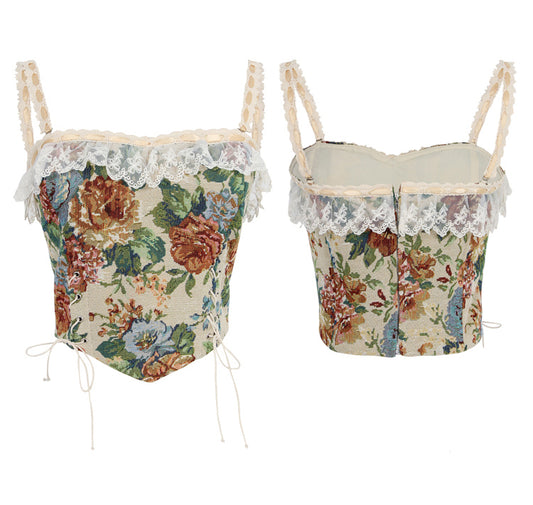 Rustic Floral Jacquard Corset (Beige)