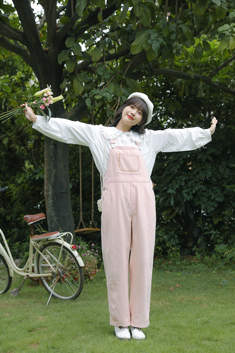 Daisy Chain Embroidered Denim Overalls (Pink)