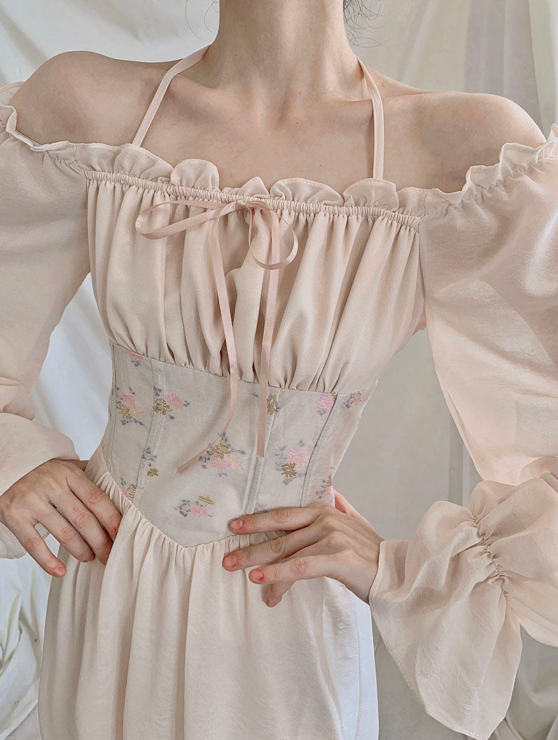 Sweet Floral Jacquard Corset Dress (Beige)