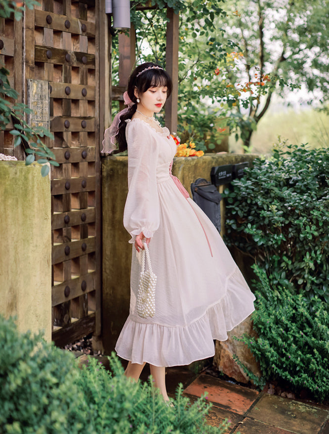 Meadow Corset Midi Dress (White/Pink)