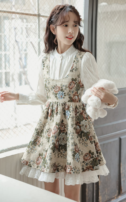 Rustic Rose Babydoll Dress (Beige)