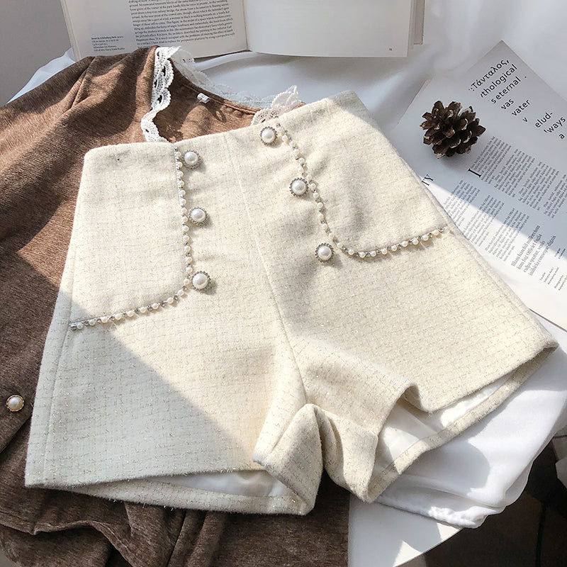 Pearl Trim Tweed Shorts (2 Colors)