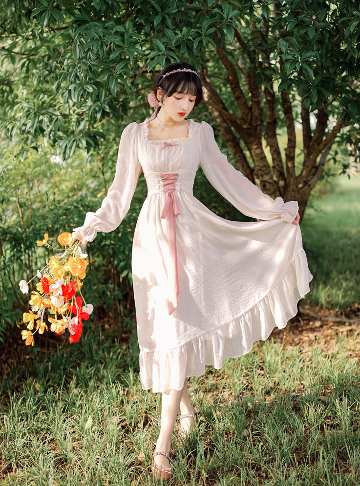 Meadow Corset Midi Dress (White/Pink)