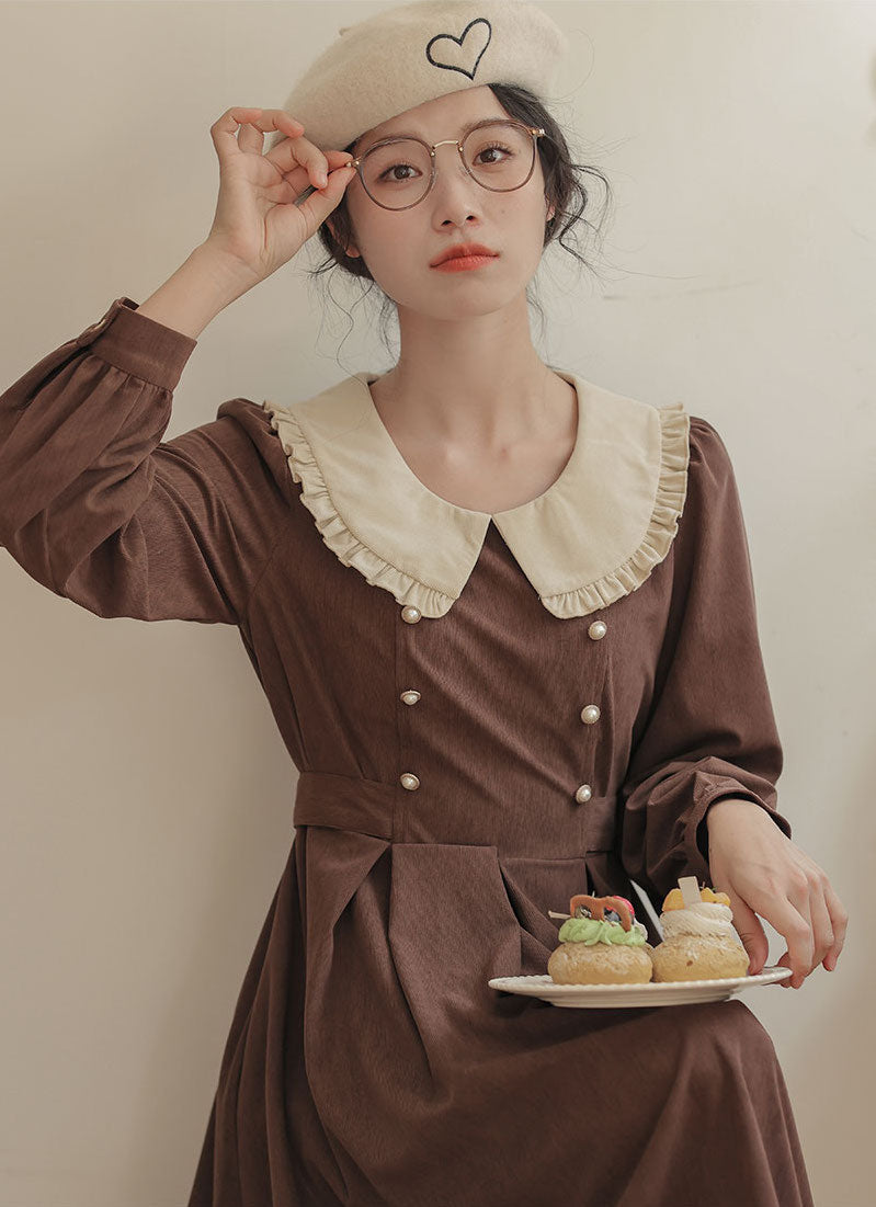 Corduroy Suede Peter Pan Midi Dress (3 Colors)