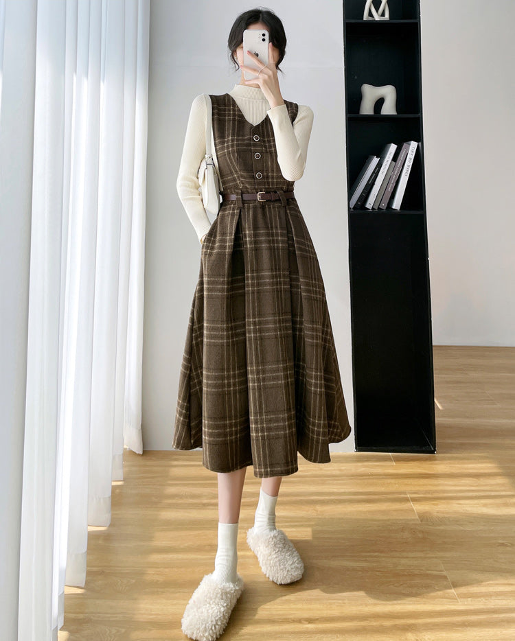 Coffee Plaid Midi Pinafore Dress (Brown)