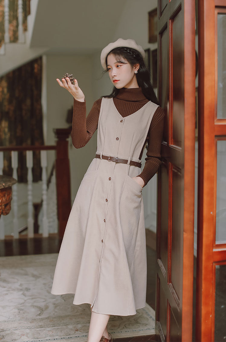 Button Up Suede Pinafore Dress (4 Colors)