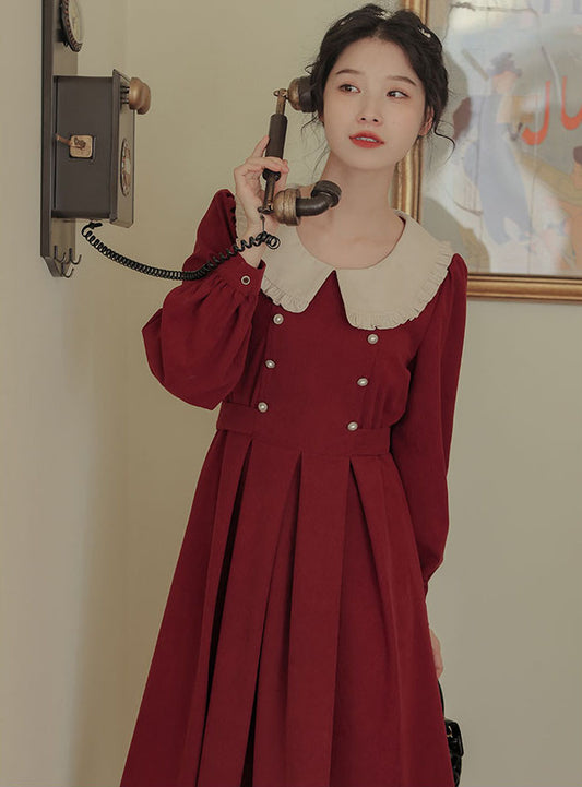 Corduroy Suede Peter Pan Midi Dress (3 Colors)