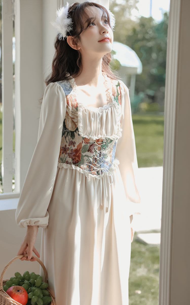 Floral Tapestry Jacquard Corset Dress (White)