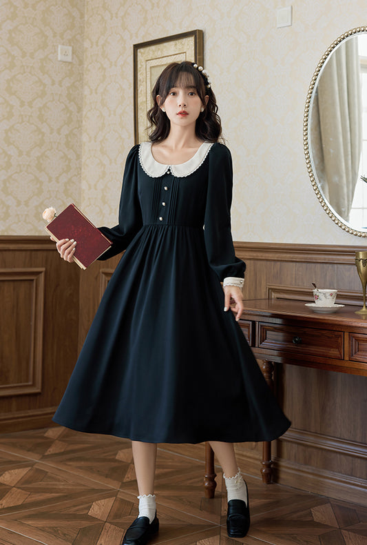 Beth Peter Pan Collar Midi Dress (Black)