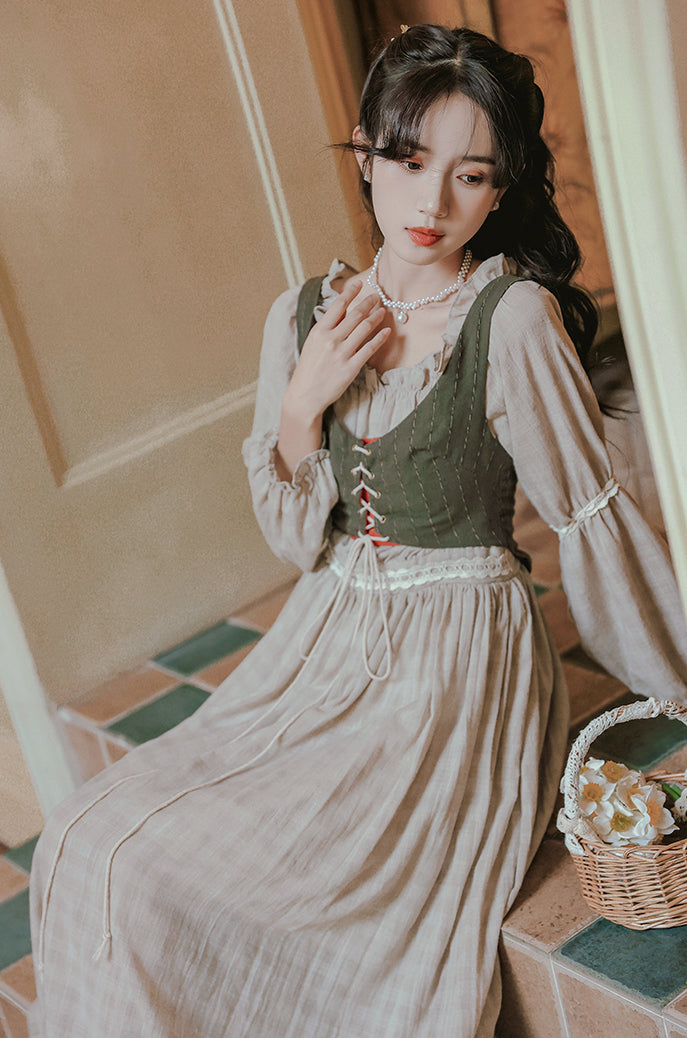 Country Corset Midi Dress (Beige/Olive)