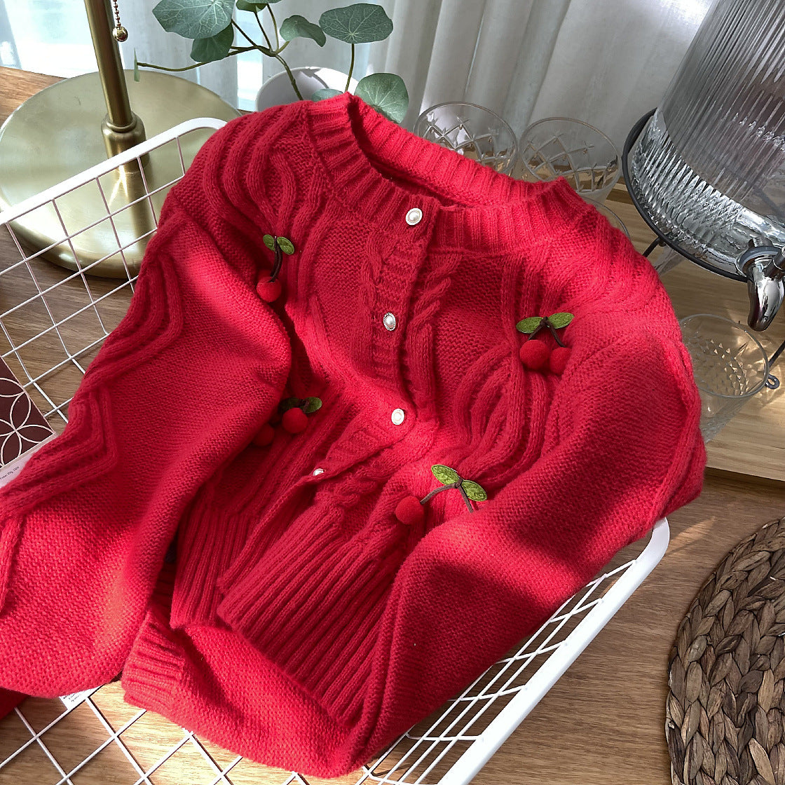 Cherry Pom Pom Cropped Cardigan (4 Colors)