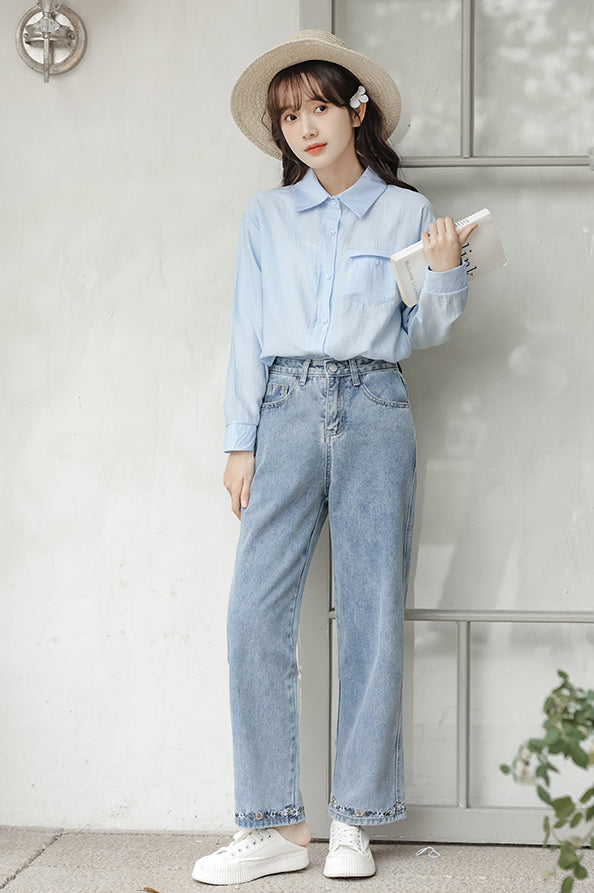 Flower Hem Embroidered Jeans (Acid Wash)