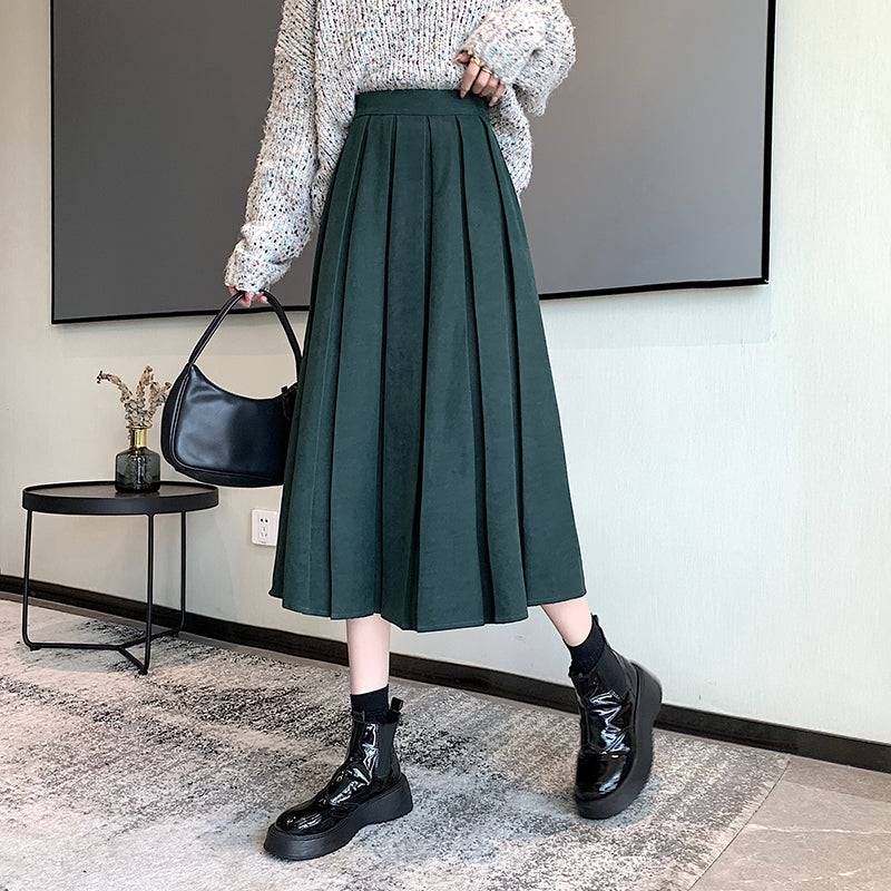Corduroy Suede Pleated Midi Skirt (6 Colors)