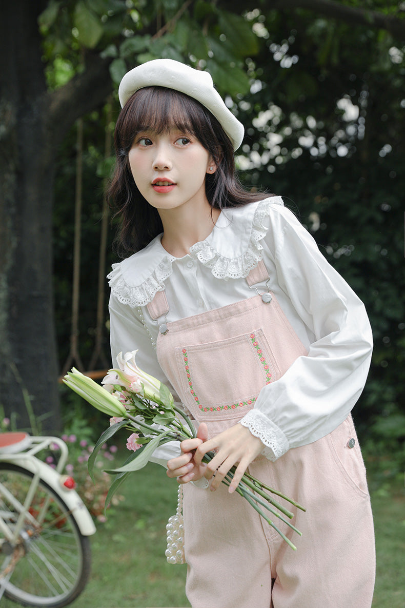 Daisy Chain Embroidered Denim Overalls (Pink)