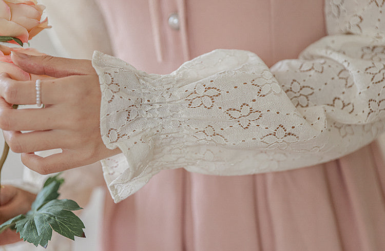 Floral Lace Twofer Midi Dress (Pink/White)
