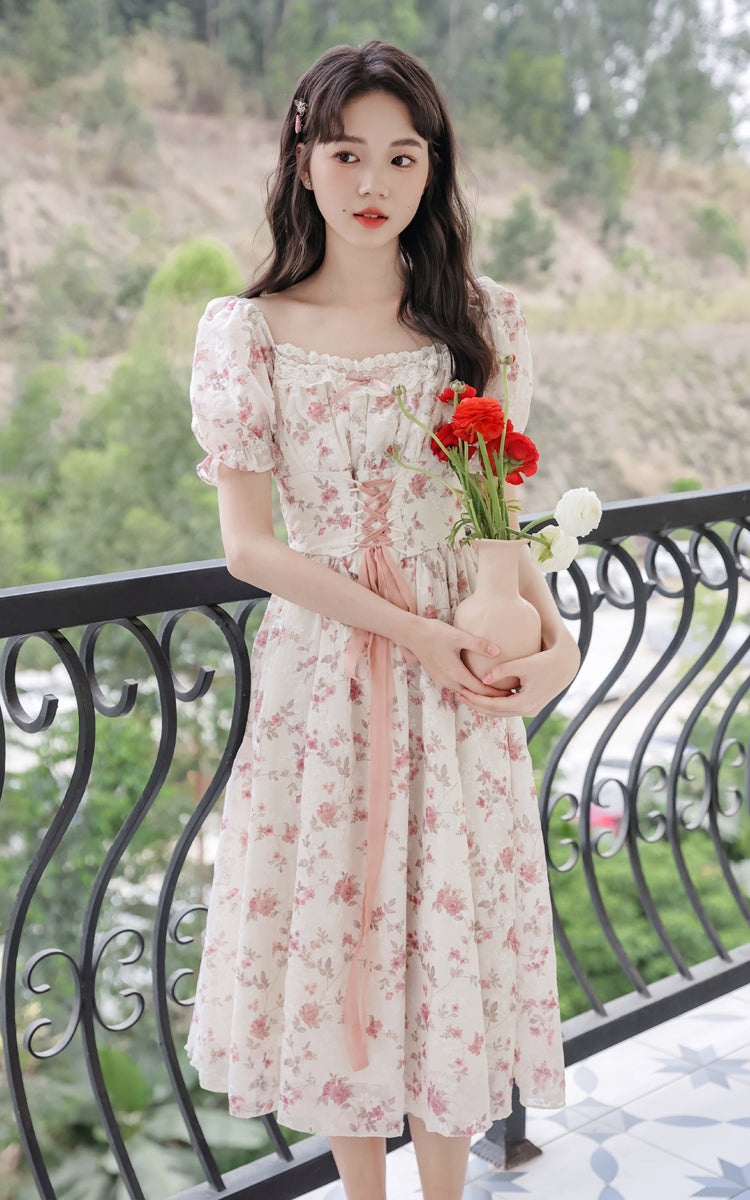 Cherry Blossom Lace Up Dress (White/Pink)
