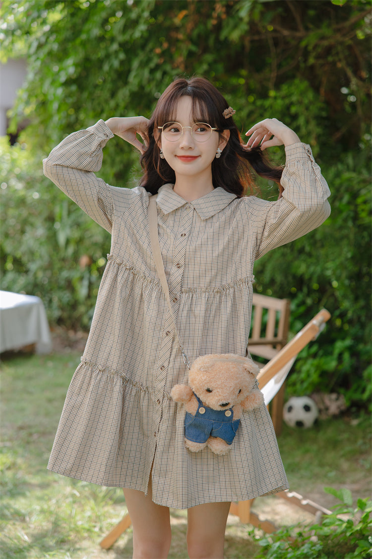 Curiosity Plaid Shirt Dress (Khaki)