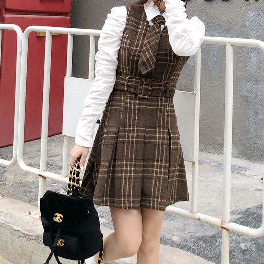 Coffee Plaid Pinafore Dress / Blouse (Brown)