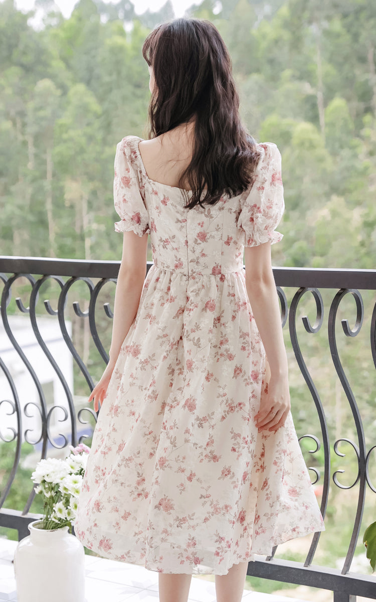 Cherry Blossom Lace Up Dress (White/Pink)