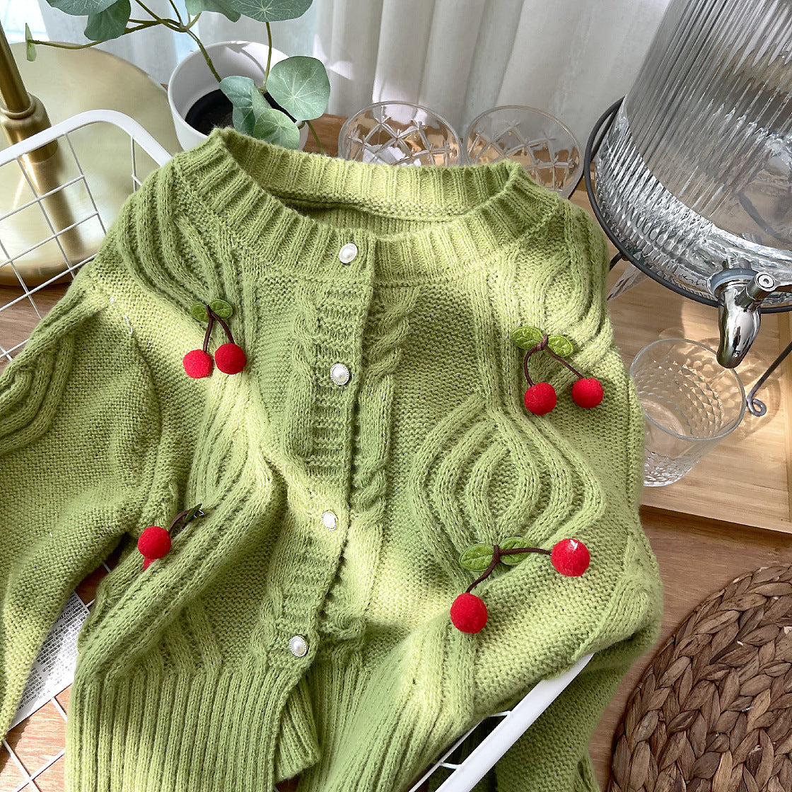 Cherry Pom Pom Cropped Cardigan (4 Colors)