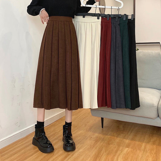 Corduroy Suede Pleated Midi Skirt (6 Colors)