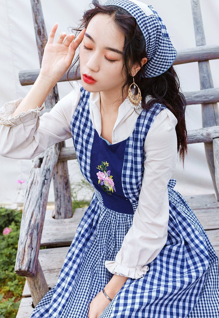 Gingham Pastures Twofer Midi Dress (Blue/White)