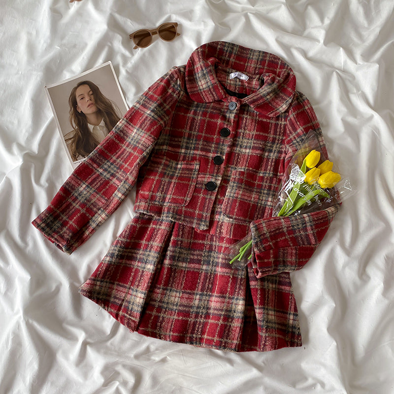 Berry Plaid Jacket & Skirt Set (Red)