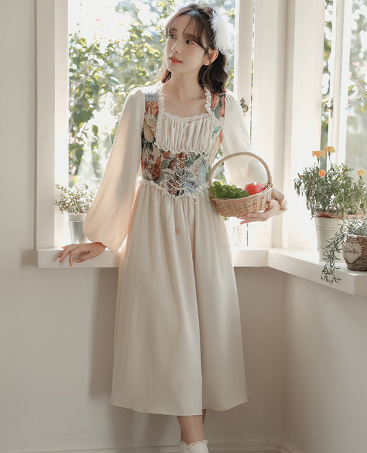 Floral Tapestry Jacquard Corset Dress (White)
