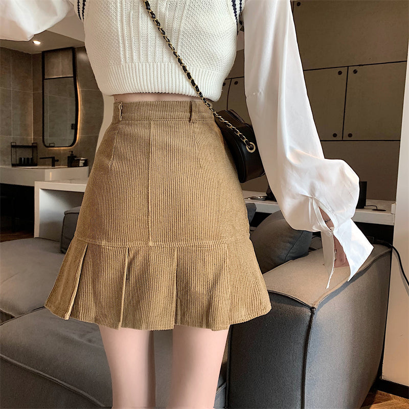 Corduroy Mermaid Pleated Skirt (2 Colors)
