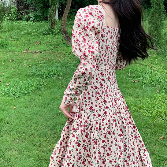 Sweet Floral Corduroy Midi Dress (Cream/Pink)