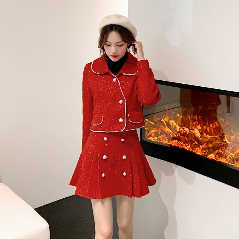 Sequin Tweed Jacket & Skirt Set (Red)