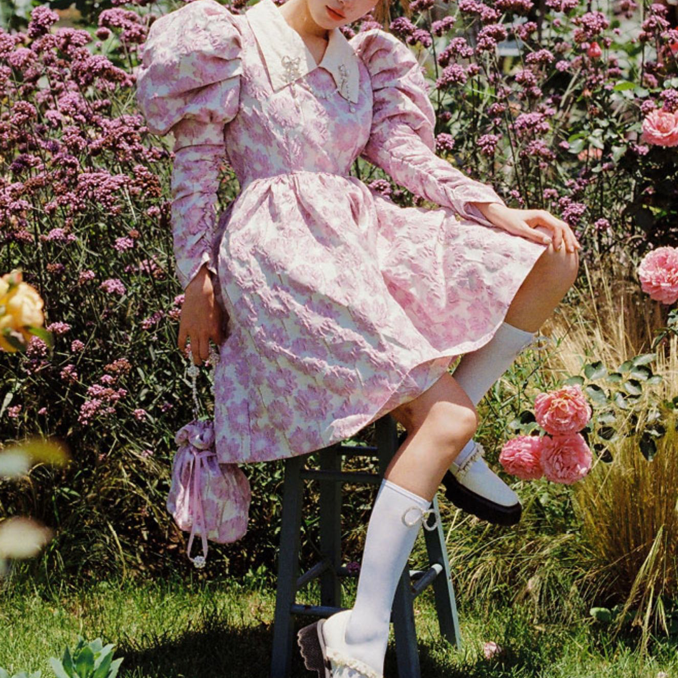 Puff Sleeve Daisy Jacquard Dress (Pink)