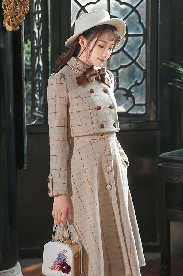 Milky Plaid Tweed Cropped Jacket (Cream/Brown)