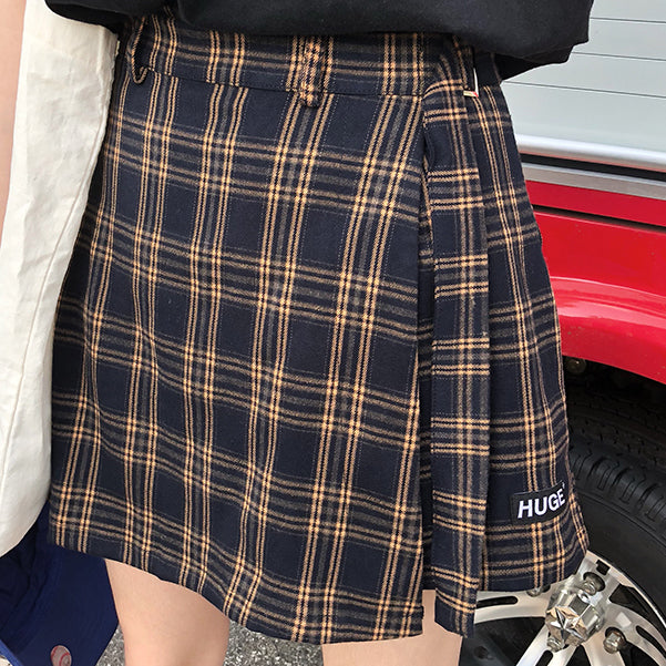 Belted Asymmetrical Plaid Skirt (3 Colors)