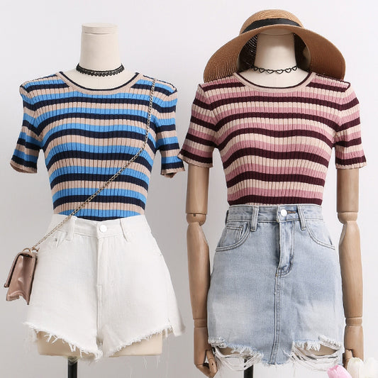 Colorblock Stripe Ribbed Tee (2 Colors)