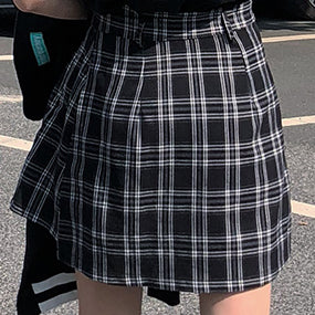 Belted Asymmetrical Plaid Skirt (3 Colors)