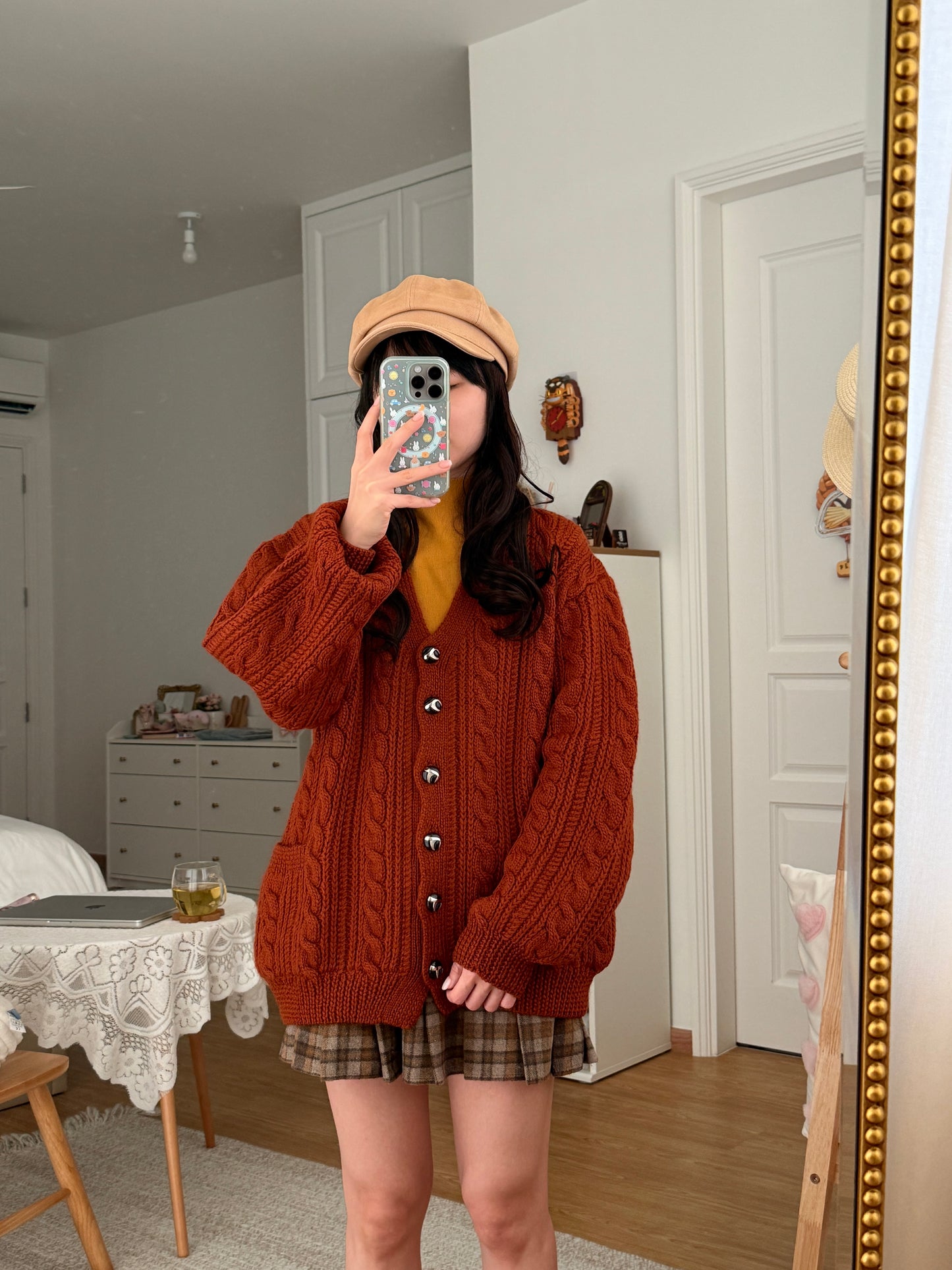 Chunky Cable Knit Cardigan (Burnt Caramel)
