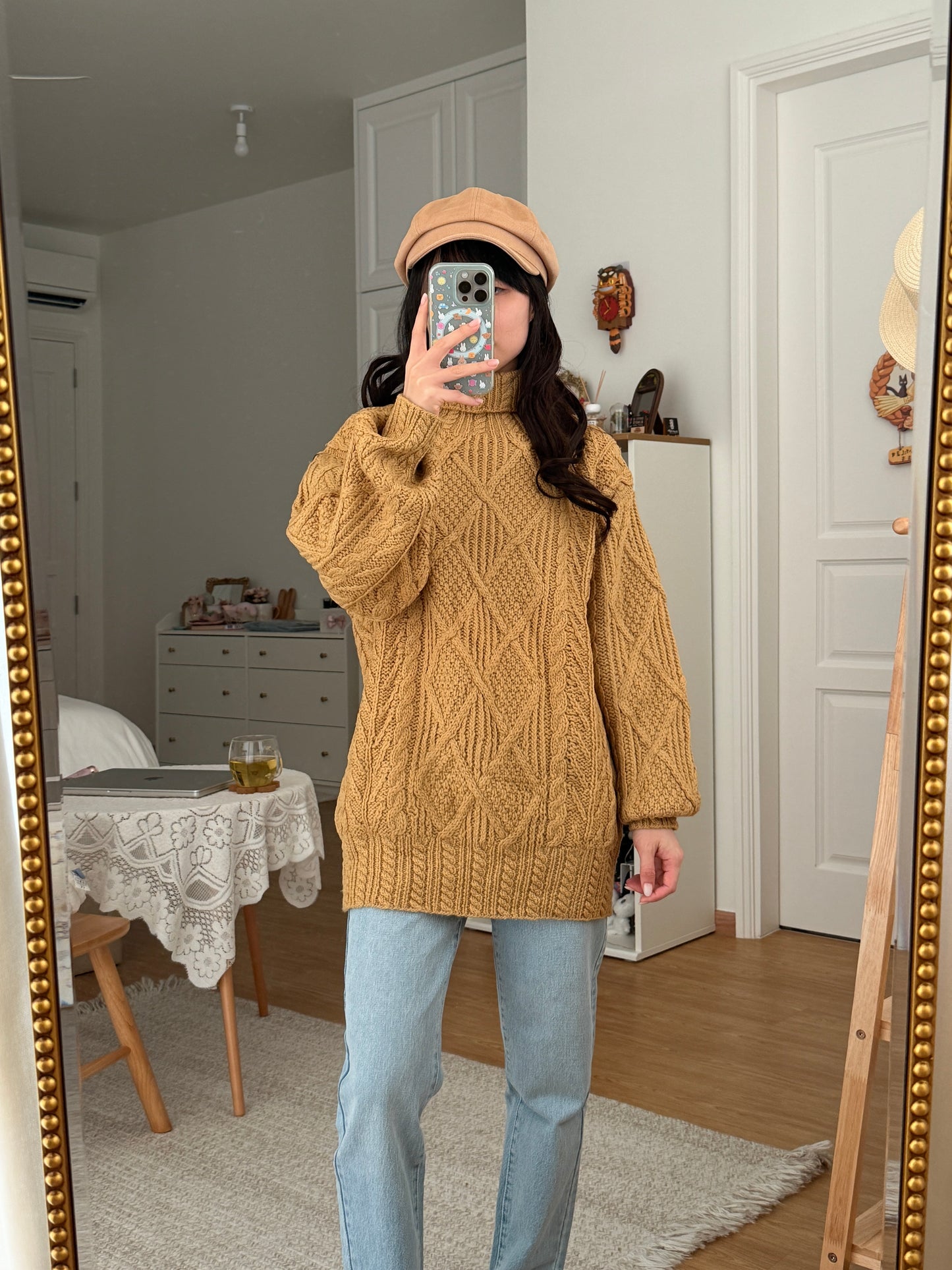 Chunky Cable Knit Turtleneck Sweater (Golden Yellow)