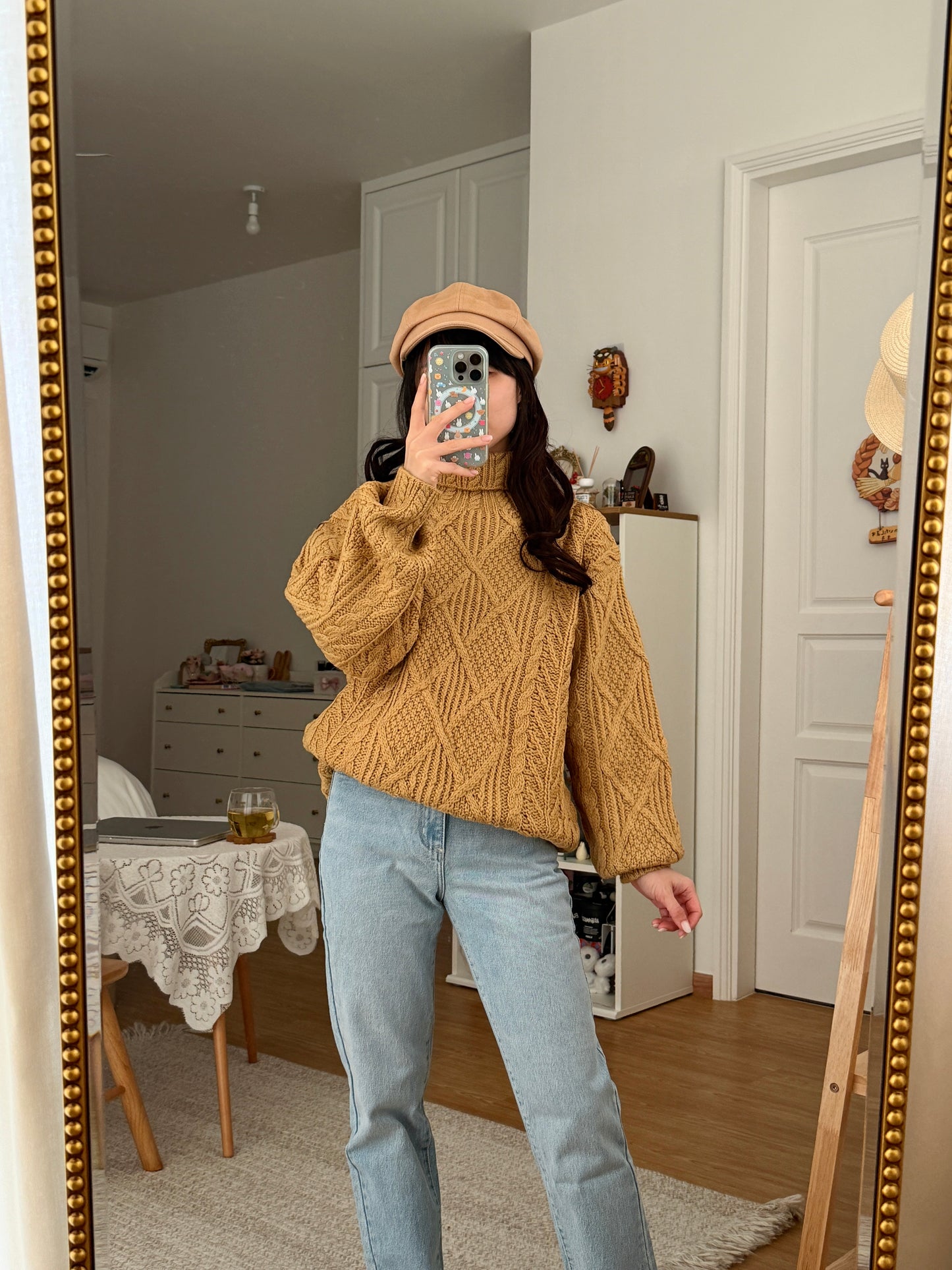 Chunky Cable Knit Turtleneck Sweater (Golden Yellow)