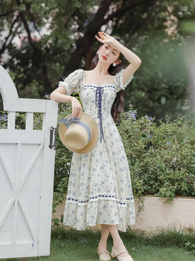 Porcelain Rose Lace Up Midi Dress (White/Blue)