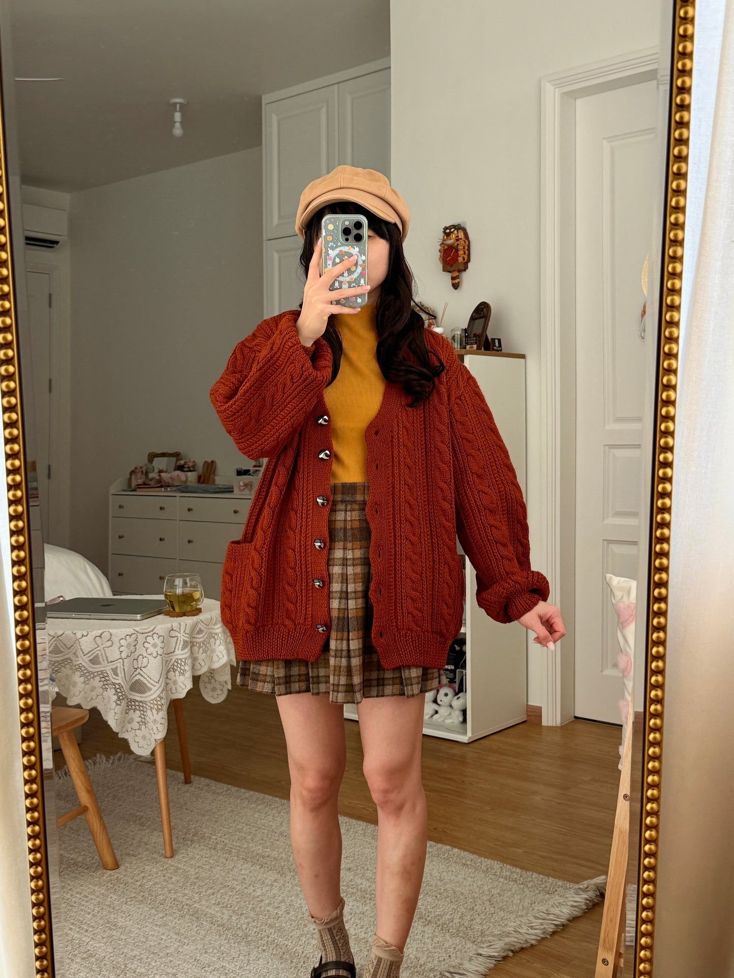 Chunky Cable Knit Cardigan (Burnt Caramel)