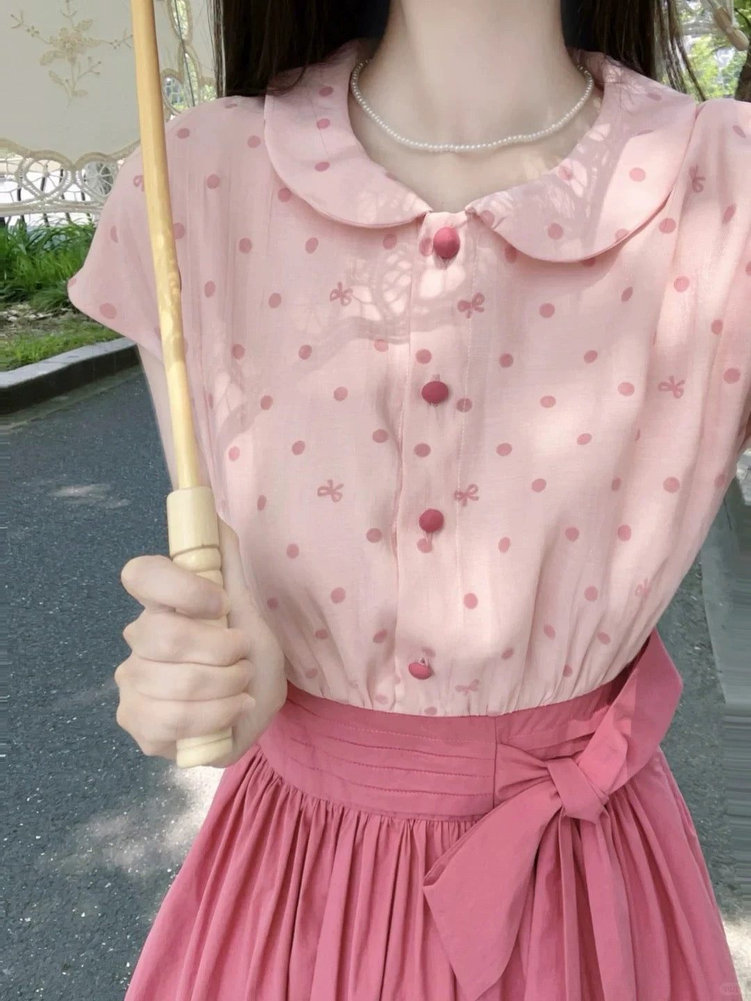 Polka Dot Bow Twofer Midi Dress (Pink)